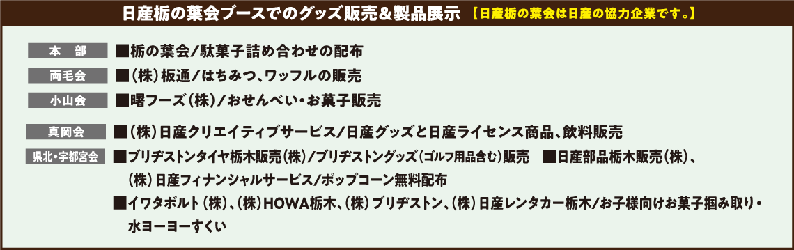 日産栃の葉会ブースでのグッズ販売＆製品展示